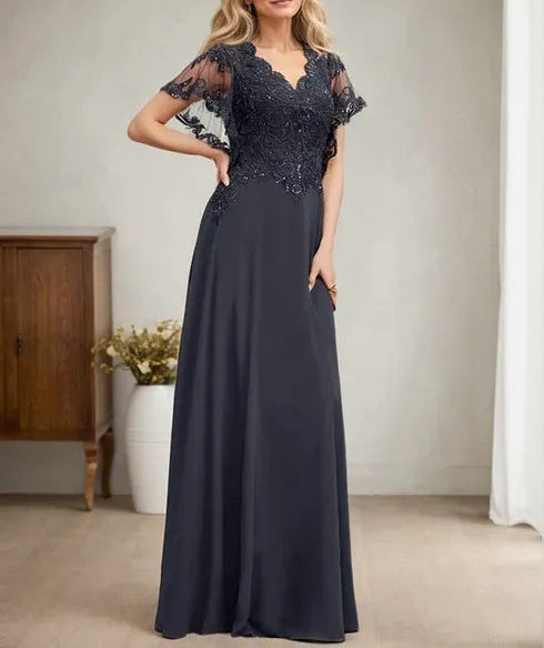 A-line V-Neck Floor-Length Lace Chiffon Mother of the Bride Dress With Sequins