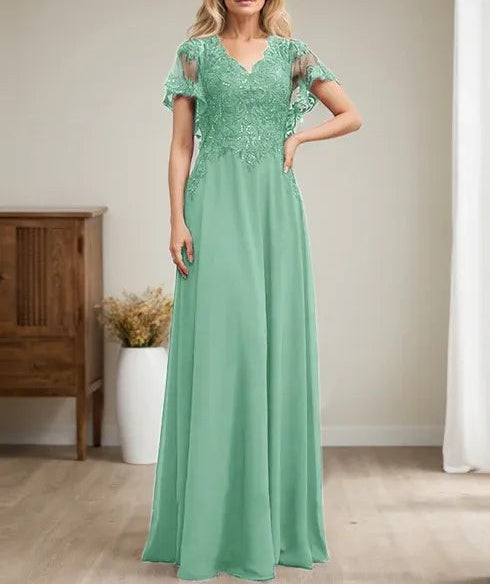 A-line V-Neck Floor-Length Lace Chiffon Mother of the Bride Dress With Sequins