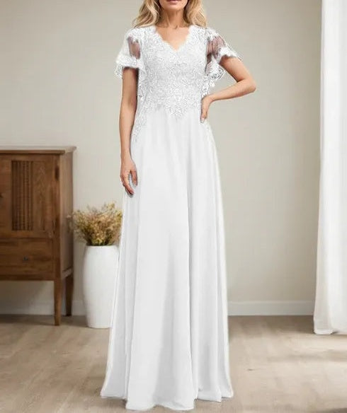 A-line V-Neck Floor-Length Lace Chiffon Mother of the Bride Dress With Sequins