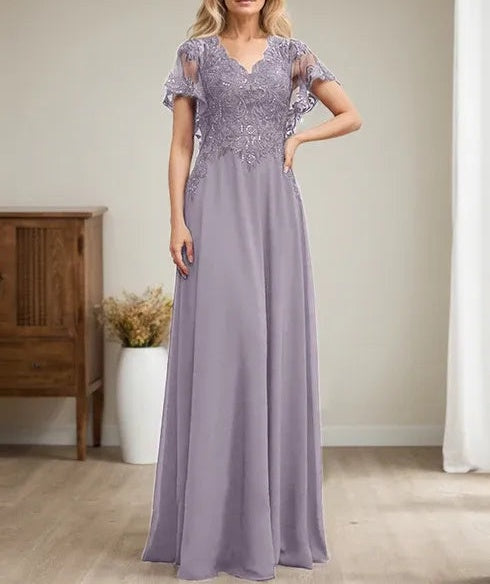 A-line V-Neck Floor-Length Lace Chiffon Mother of the Bride Dress With Sequins