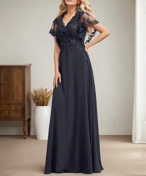 A-line V-Neck Floor-Length Lace Chiffon Mother of the Bride Dress With Sequins