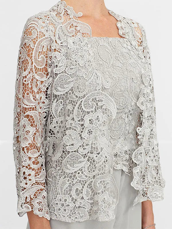 3 Piece Chiffon Square Neck Mother of the Bride Pantsuits with Jacket