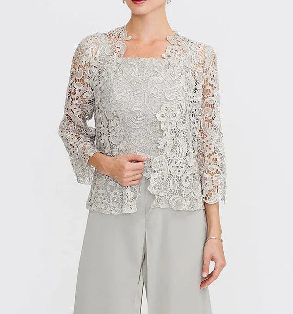 3 Piece Chiffon Square Neck Mother of the Bride Pantsuits with Jacket