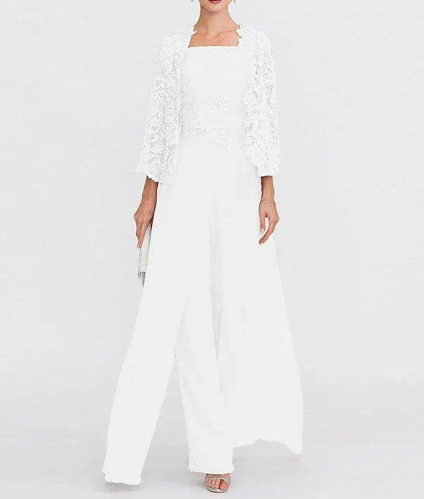 3 Piece Chiffon Square Neck Mother of the Bride Pantsuits with Jacket