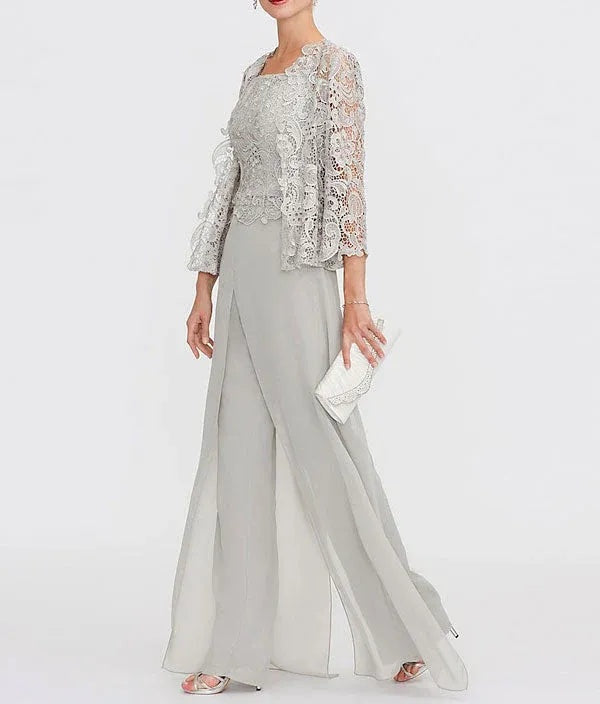 3 Piece Chiffon Square Neck Mother of the Bride Pantsuits with Jacket