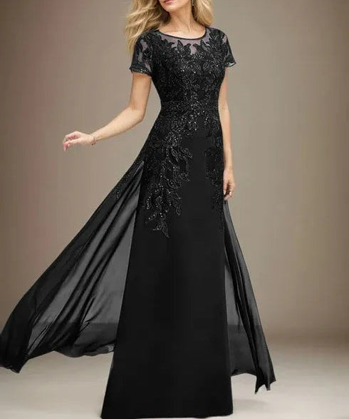 Sheath/Column Scoop Illusion Floor-Length Lace Chiffon Mother of the Bride Dress With Sequins