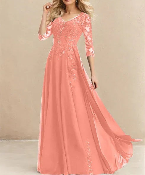 A-line V-Neck Floor-Length Lace Chiffon Mother of the Bride Dress With Sequins