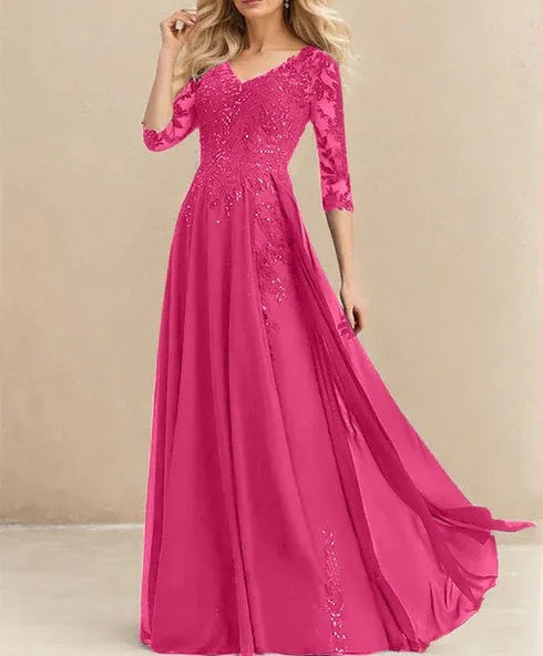 A-line V-Neck Floor-Length Lace Chiffon Mother of the Bride Dress With Sequins