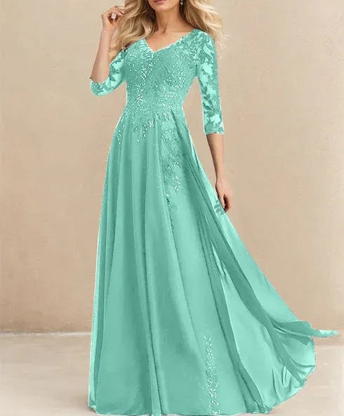 A-line V-Neck Floor-Length Lace Chiffon Mother of the Bride Dress With Sequins