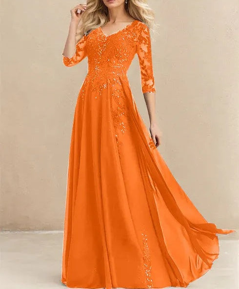 A-line V-Neck Floor-Length Lace Chiffon Mother of the Bride Dress With Sequins