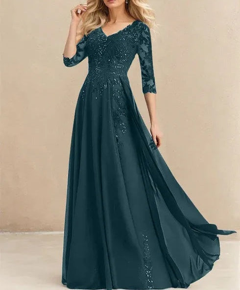 A-line V-Neck Floor-Length Lace Chiffon Mother of the Bride Dress With Sequins