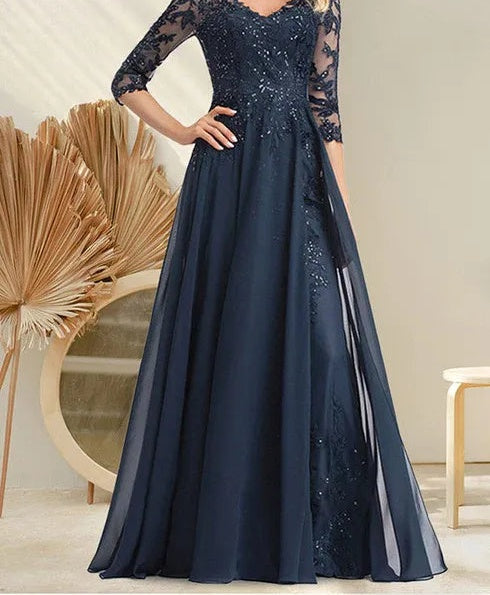 A-line V-Neck Floor-Length Lace Chiffon Mother of the Bride Dress With Sequins