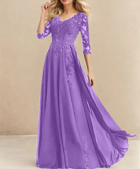 A-line V-Neck Floor-Length Lace Chiffon Mother of the Bride Dress With Sequins