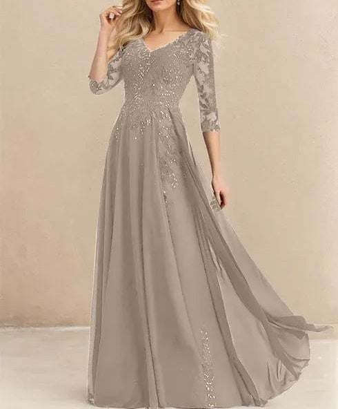 A-line V-Neck Floor-Length Lace Chiffon Mother of the Bride Dress With Sequins