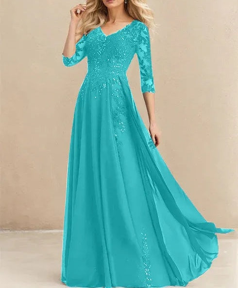 A-line V-Neck Floor-Length Lace Chiffon Mother of the Bride Dress With Sequins
