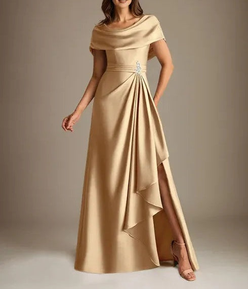 A-Line Scoop Floor-Length Stretch Satin Mother of the Bride Dress With Cascading Ruffles