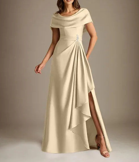 A-Line Scoop Floor-Length Stretch Satin Mother of the Bride Dress With Cascading Ruffles