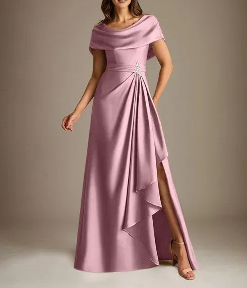 A-Line Scoop Floor-Length Stretch Satin Mother of the Bride Dress With Cascading Ruffles