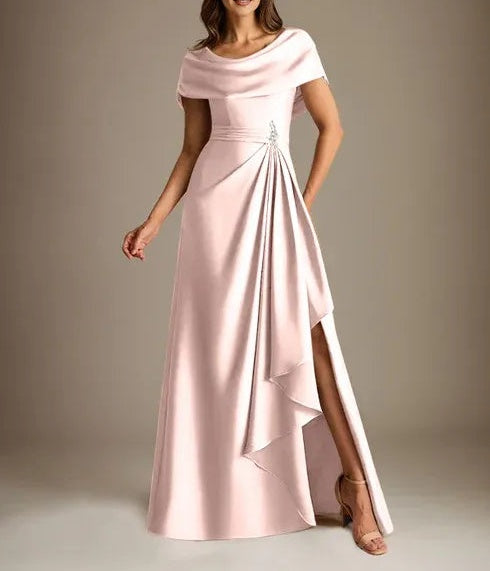 A-Line Scoop Floor-Length Stretch Satin Mother of the Bride Dress With Cascading Ruffles