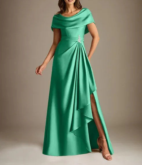 A-Line Scoop Floor-Length Stretch Satin Mother of the Bride Dress With Cascading Ruffles