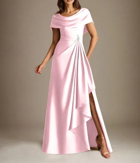 A-Line Scoop Floor-Length Stretch Satin Mother of the Bride Dress With Cascading Ruffles
