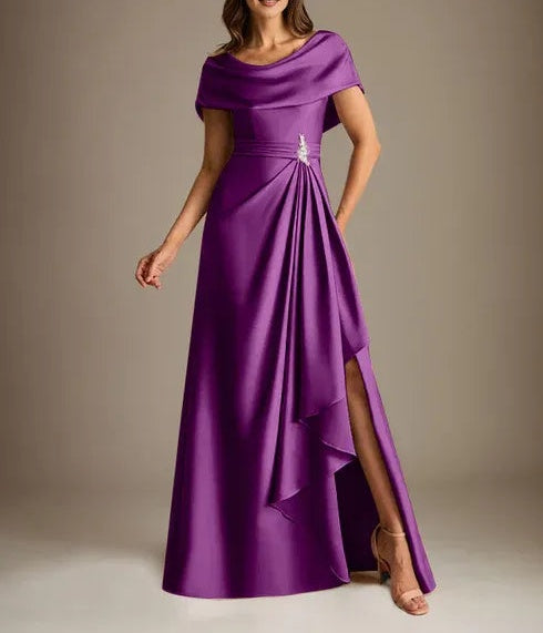 A-Line Scoop Floor-Length Stretch Satin Mother of the Bride Dress With Cascading Ruffles