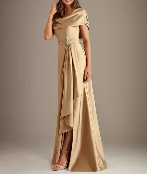A-Line Scoop Floor-Length Stretch Satin Mother of the Bride Dress With Cascading Ruffles
