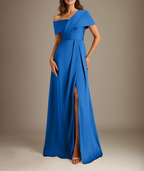 A-Line Asymmetrical Neckline Floor-Length Satin Mother of the Bride Dress With Pleated
