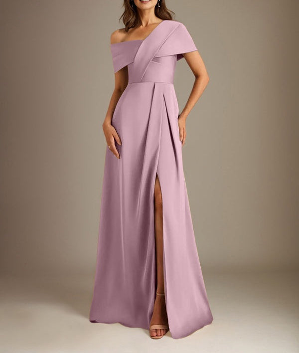 A-Line Asymmetrical Neckline Floor-Length Satin Mother of the Bride Dress With Pleated