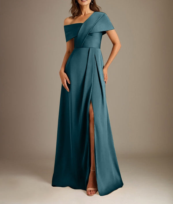 A-Line Asymmetrical Neckline Floor-Length Satin Mother of the Bride Dress With Pleated