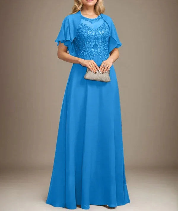 A-line Scoop Illusion Floor-Length Lace Chiffon Mother of the Bride Dress With Sequins