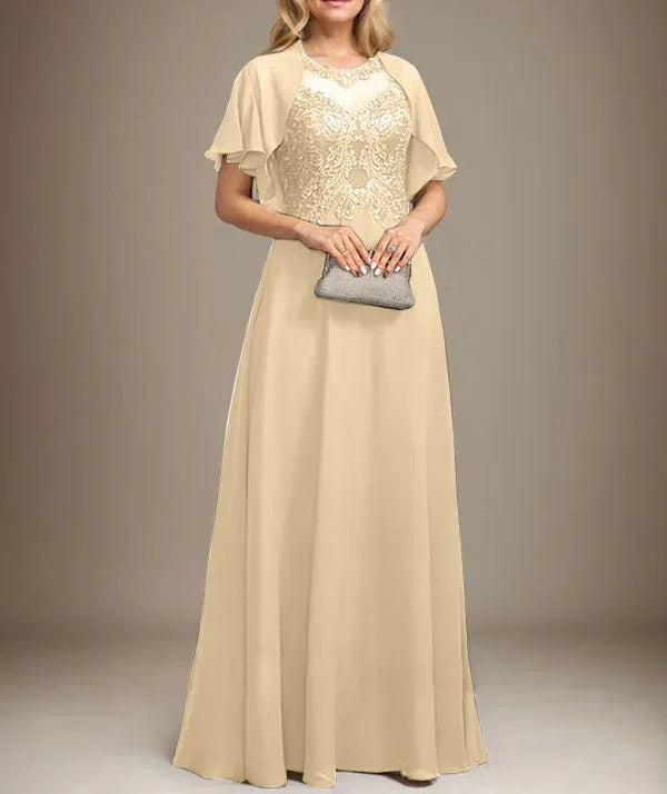 A-line Scoop Illusion Floor-Length Lace Chiffon Mother of the Bride Dress With Sequins
