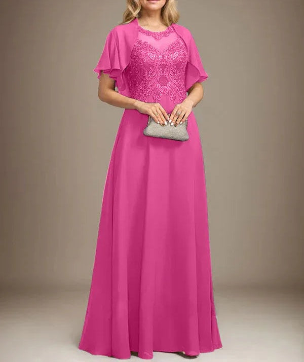 A-line Scoop Illusion Floor-Length Lace Chiffon Mother of the Bride Dress With Sequins