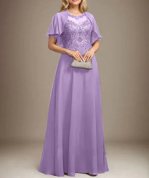 A-line Scoop Illusion Floor-Length Lace Chiffon Mother of the Bride Dress With Sequins