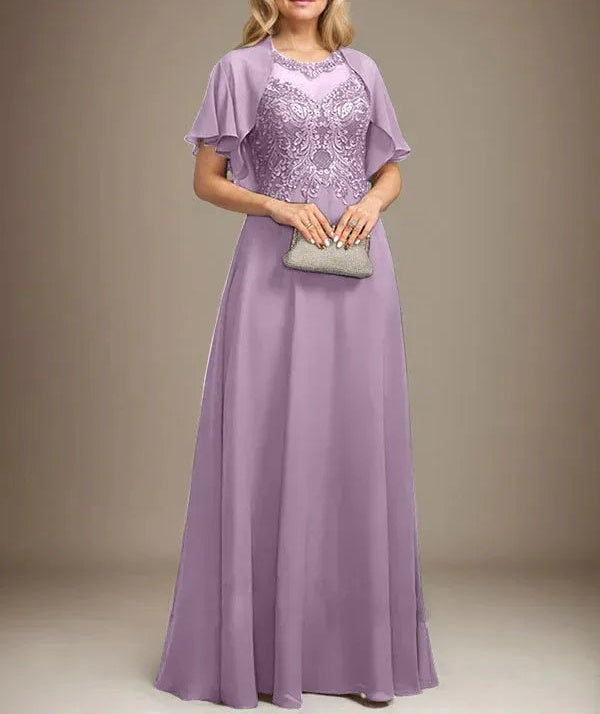 A-line Scoop Illusion Floor-Length Lace Chiffon Mother of the Bride Dress With Sequins