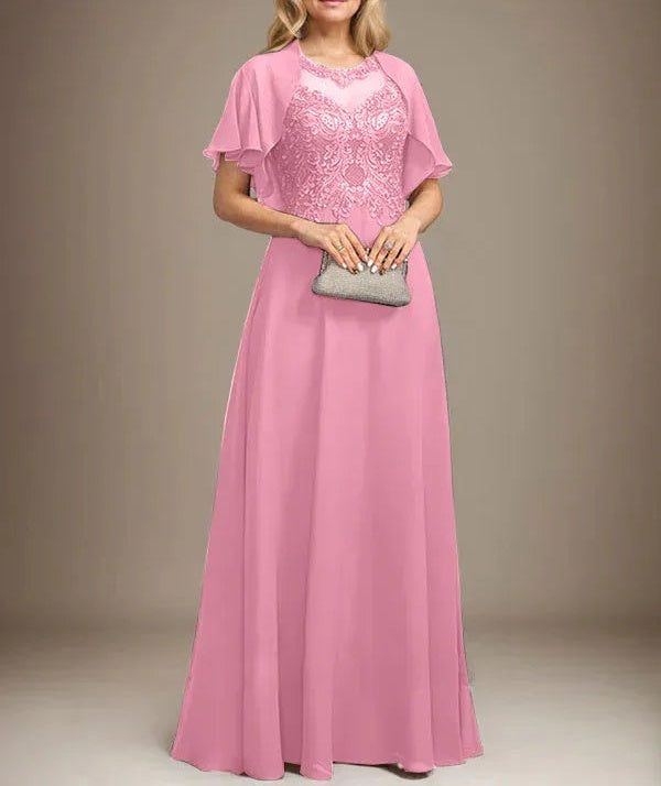 A-line Scoop Illusion Floor-Length Lace Chiffon Mother of the Bride Dress With Sequins