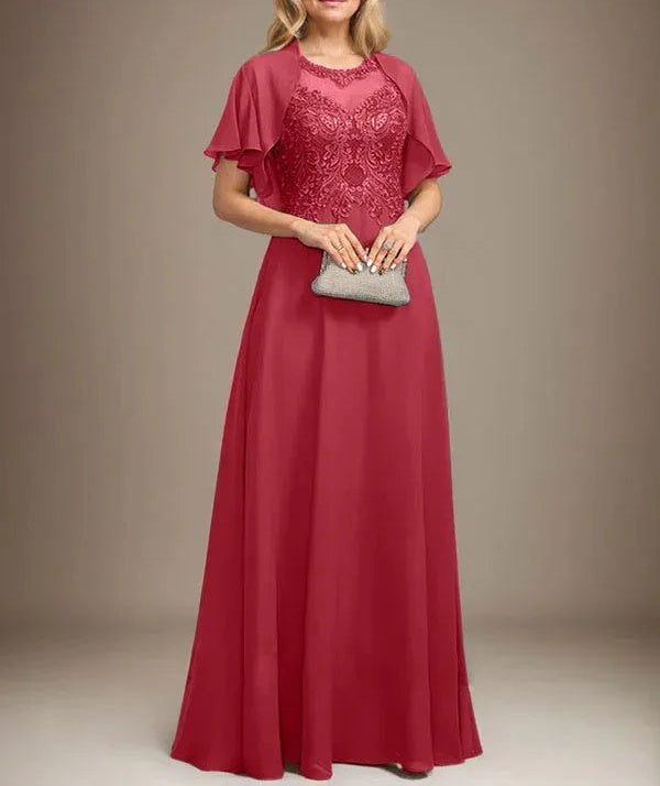 A-line Scoop Illusion Floor-Length Lace Chiffon Mother of the Bride Dress With Sequins