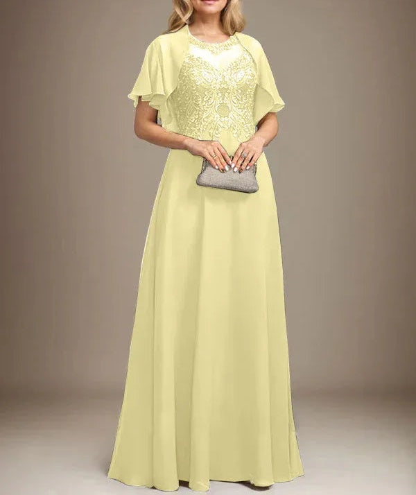 A-line Scoop Illusion Floor-Length Lace Chiffon Mother of the Bride Dress With Sequins