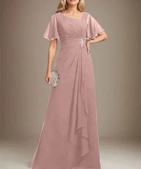 A-line Asymmetrical Floor-Length Chiffon Mother of the Bride Dress With Pleated Beading Sequins