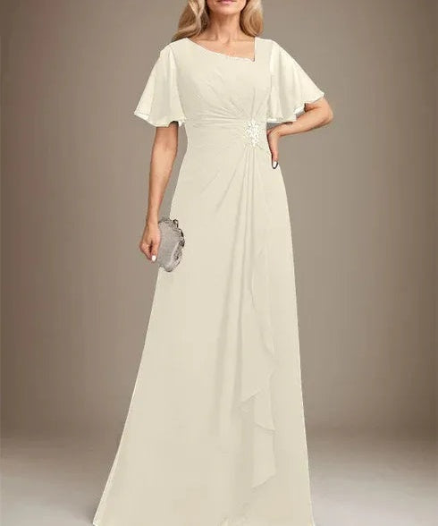 A-line Asymmetrical Floor-Length Chiffon Mother of the Bride Dress With Pleated Beading Sequins