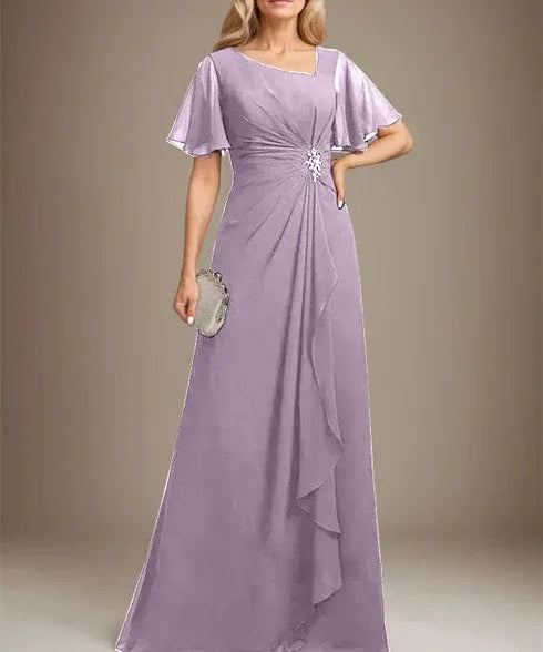 A-line Asymmetrical Floor-Length Chiffon Mother of the Bride Dress With Pleated Beading Sequins