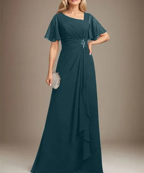 A-line Asymmetrical Floor-Length Chiffon Mother of the Bride Dress With Pleated Beading Sequins