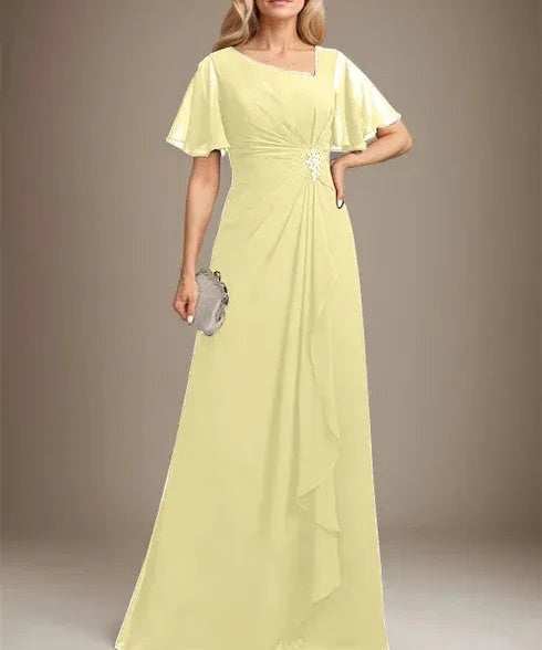 A-line Asymmetrical Floor-Length Chiffon Mother of the Bride Dress With Pleated Beading Sequins
