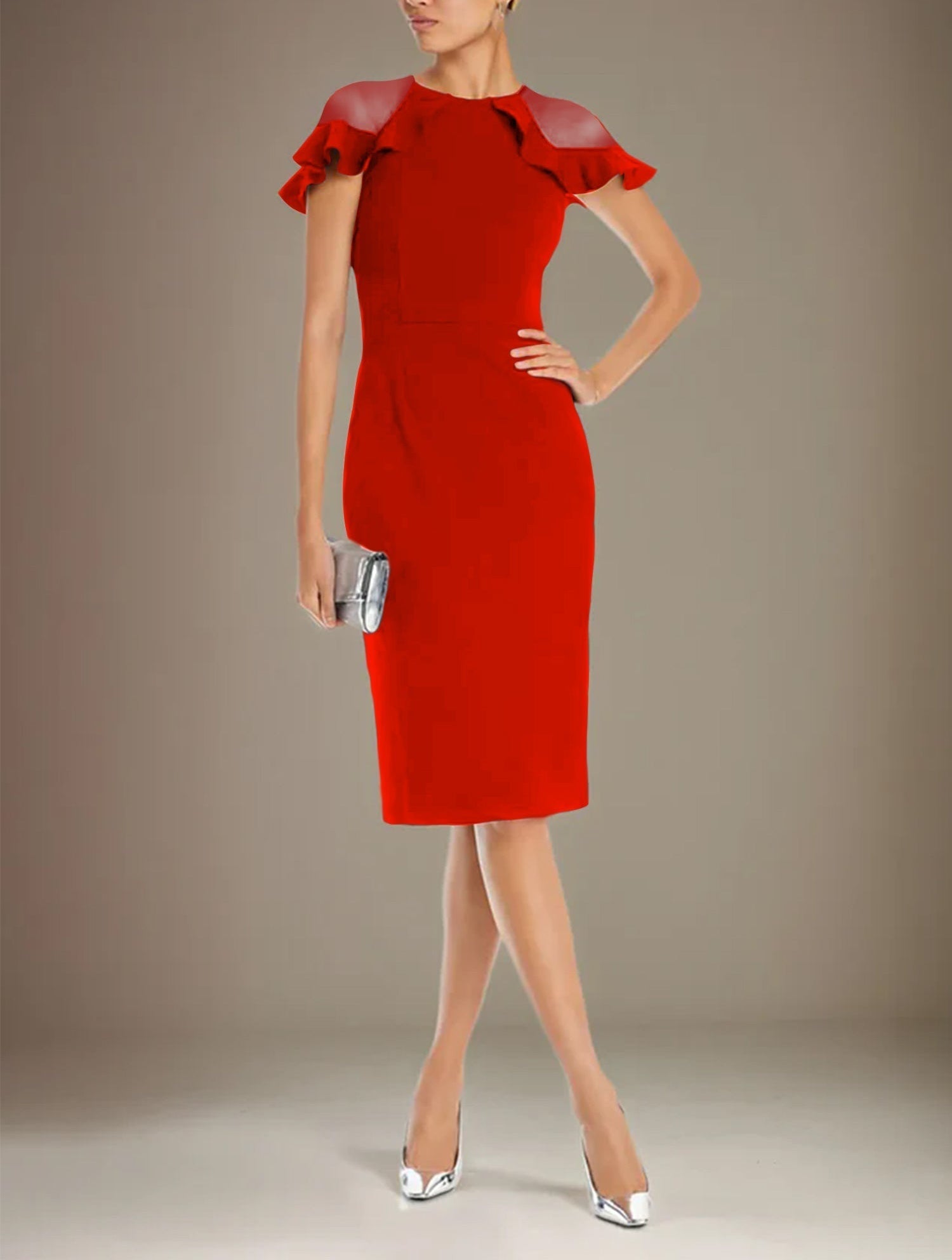 Sheath/Column Stretch Crepe Scoop Short Sleeves Knee Length Dress