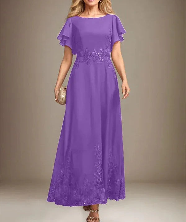A-line Scoop Ankle-Length Lace Chiffon Mother of the Bride Dress With Sequins