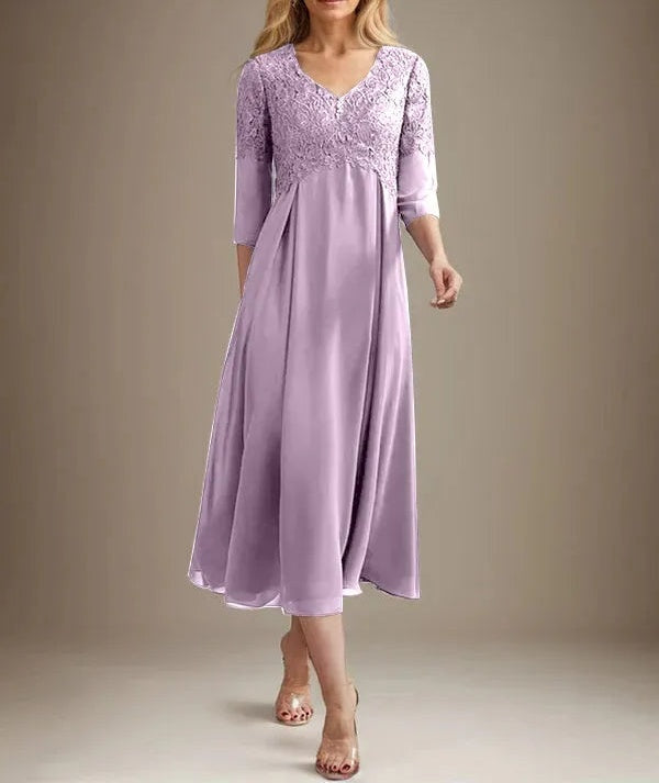 A-line V-Neck Tea-Length Chiffon Lace Mother of the Bride Dress With Beading