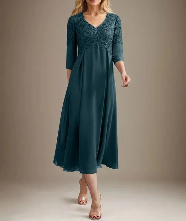 A-line V-Neck Tea-Length Chiffon Lace Mother of the Bride Dress With Beading