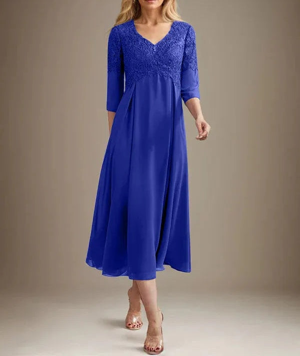 A-line V-Neck Tea-Length Chiffon Lace Mother of the Bride Dress With Beading