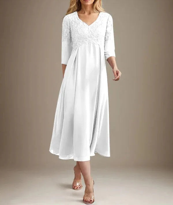 A-line V-Neck Tea-Length Chiffon Lace Mother of the Bride Dress With Beading