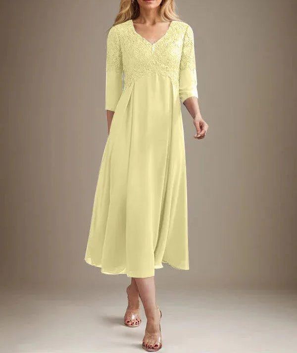 A-line V-Neck Tea-Length Chiffon Lace Mother of the Bride Dress With Beading
